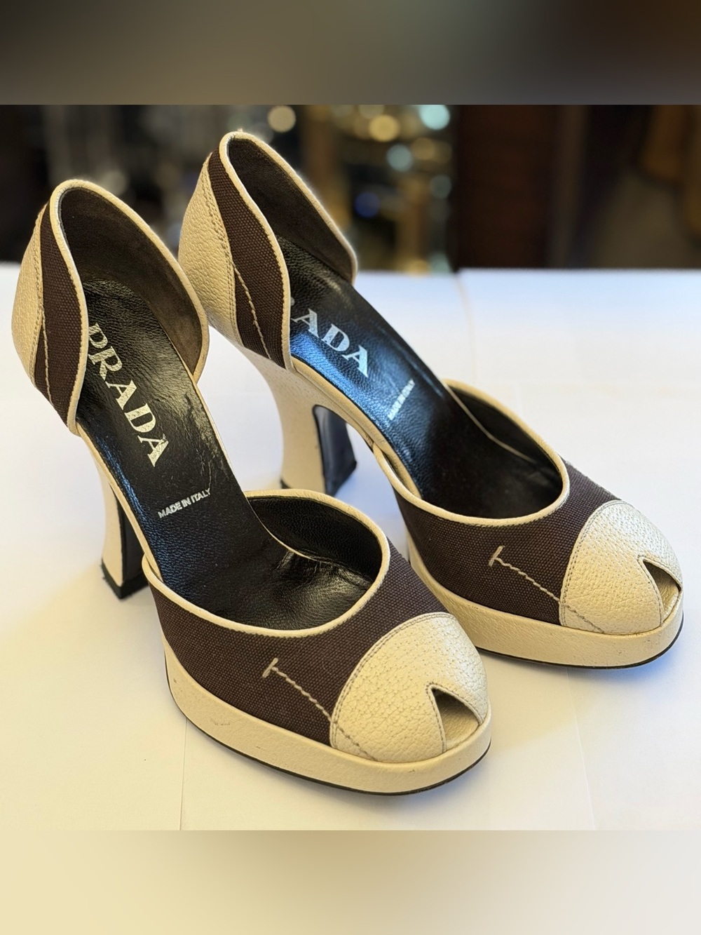 Vintage Prada brown/cream colorblock canvas & leather peep-toe pumps  Size 36